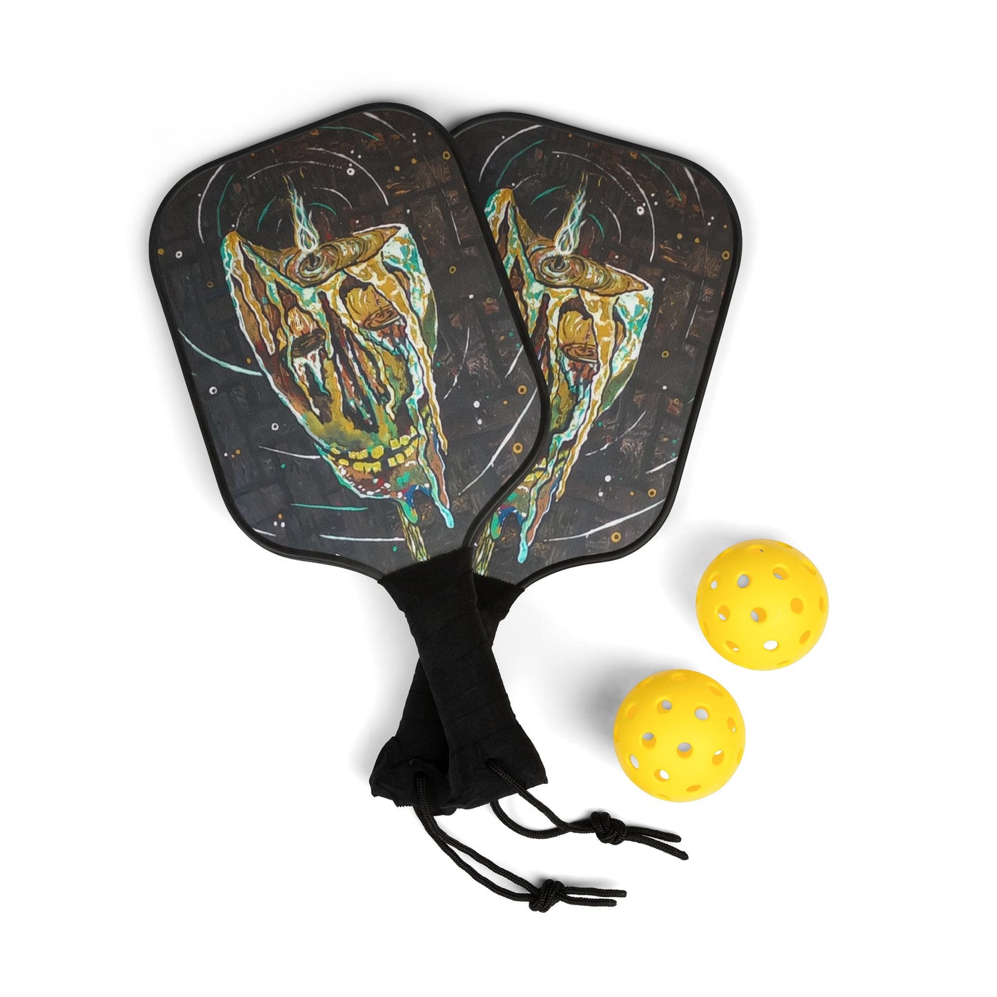 Pickleball Paddle Set – Abstract Dripping Skull Design with 2 Balls